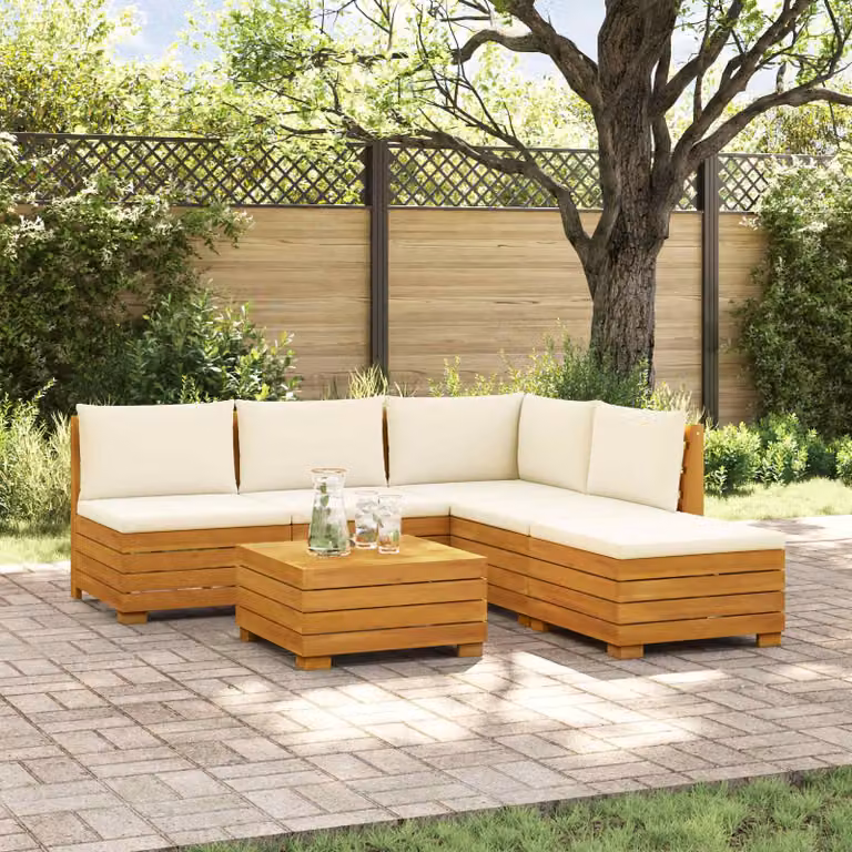 Set di divani da esterno vidaXL in legno di acacia massello marrone con cuscini beige, componibile a L con tavolino e pouf, ideale per giardino e terrazzo