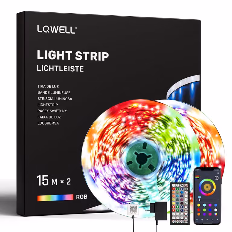 Striscia LED LQWELL® da 30 metri (2 rotoli da 15 metri), con telecomando e controllo tramite app, sincronizzazione musicale, cambio colore, luce RGB, Bluetooth, ideale per feste, casa, camera da letto, televisore