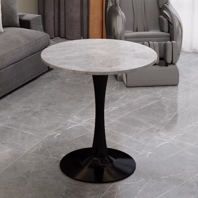 Tavolino da caffè rotondo MINIMAL con piano in vetro temperato e marmo grigio, Diametro: 70 cm, Altezza: 72 cm – 1