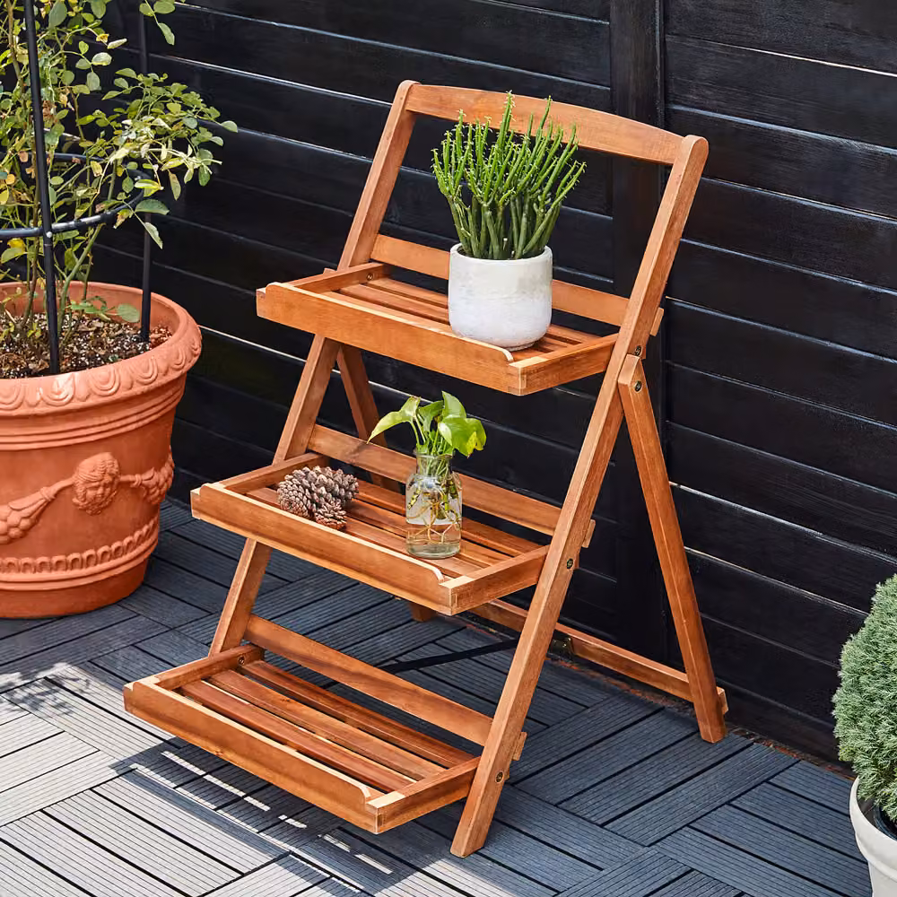 Scala per fiori a 3 gradini Casaria® in legno di acacia marrone per giardino, balcone e terrazzo, H: 79,0 cm, L: 59,0 cm, P: 56,0 cm – 2