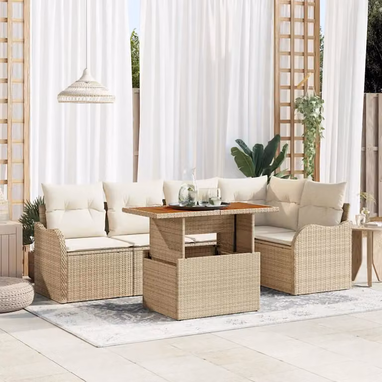 Set Divano da Giardino a L vidaXL 6 Pezzi con Tavolino e Cuscini Beige e Bianco