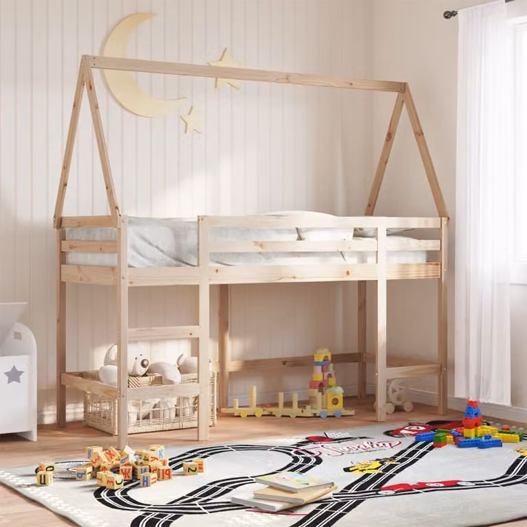 Letto Soppalco per Bambini con Tetto e Scala vidaXL in Legno Massello di Pino L: 200 cm, P: 80 cm, H: 178.5 cm