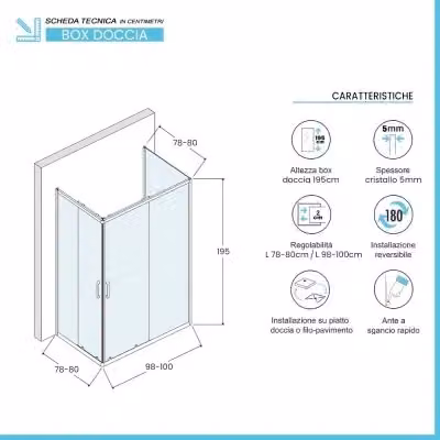 Box doccia a 3 lati Tay INBAGNO con doppio sistema scorrevole e vetro stampato, L: 100 cm, P: 80 cm, H: 195 cm – 2