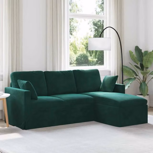 Divano angolare moderno vidaXL in velluto verde con cuscini inclusi e coperture rimovibili L: 198 cm, P: 134 cm, H: 80 cm – 1