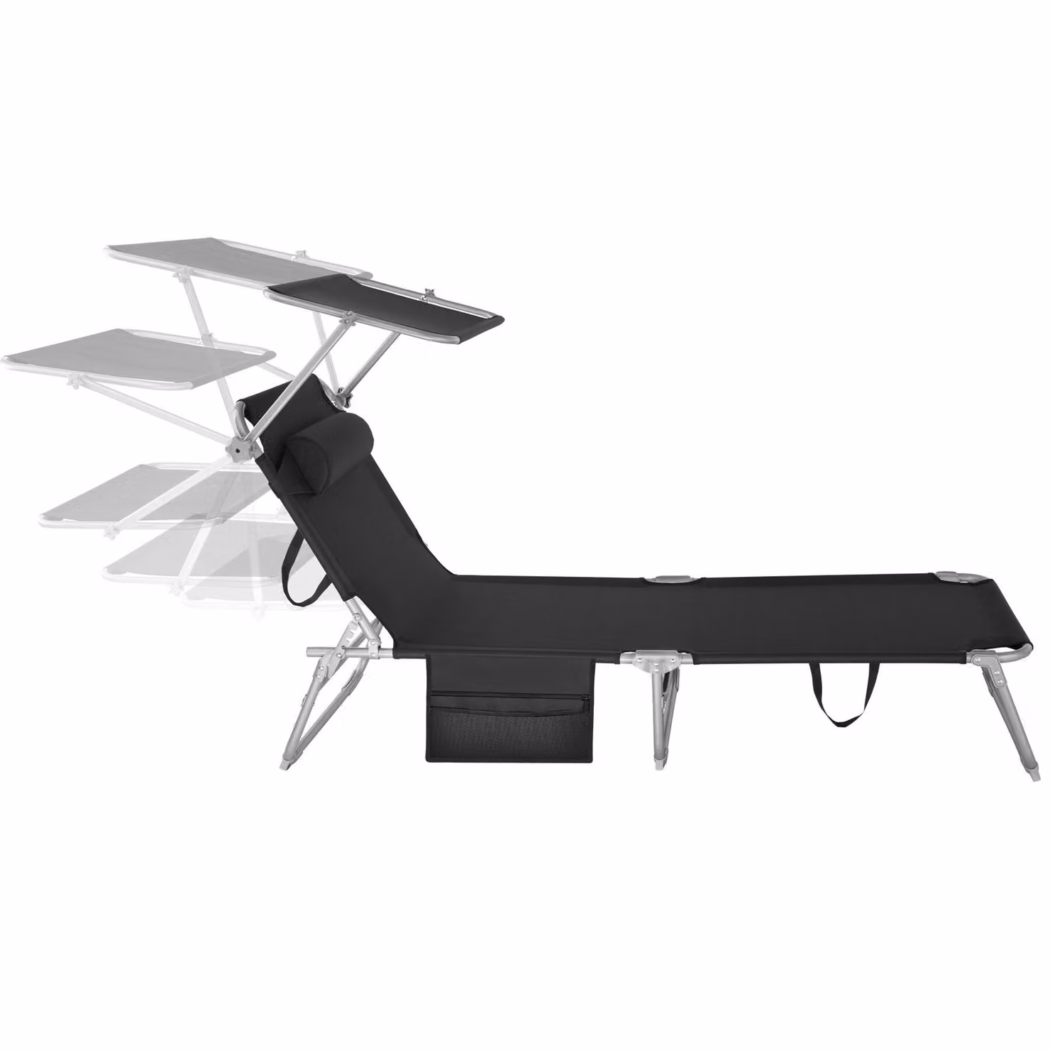 Sdraio da giardino TecTake con parasole e poggiatesta regolabile, struttura in acciaio verniciato a polvere e tessuto resistente ai raggi UV, colore nero, L: 161 cm, P: 68 cm, H: 120 cm – 3