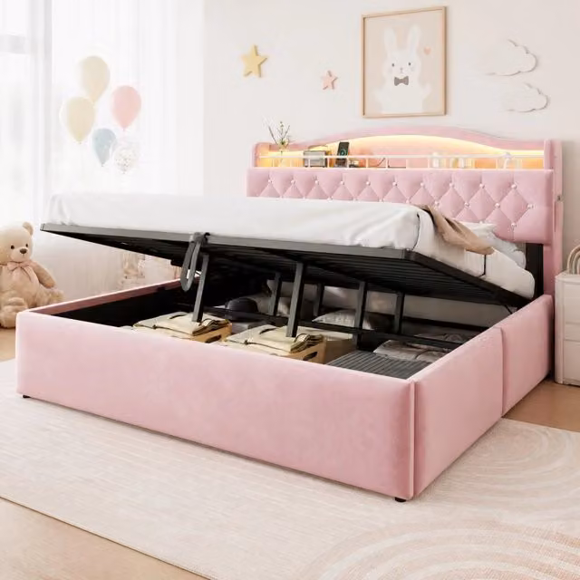 Letto matrimoniale 180x200 cm con contenitore idraulico; velluto rosa e LED