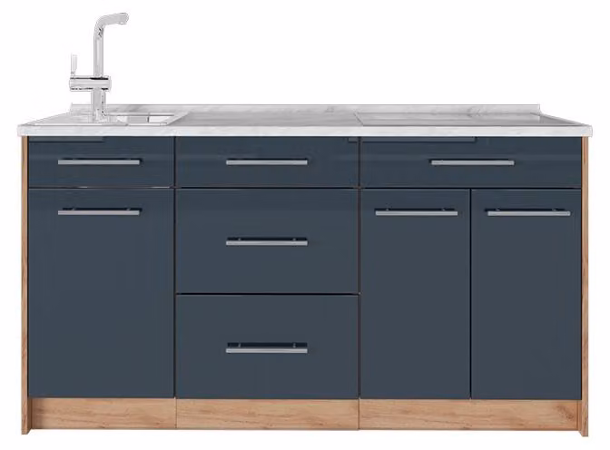 Cucine componibili piccole Vicco Fame-Line Blu scuro lucido 150 cm, PL Marmo, Model 65425