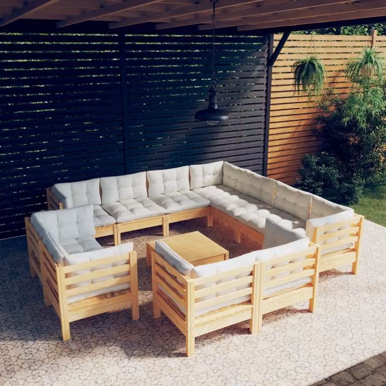 The Living Store Set da giardino da 12 pezzi con cuscini crema in legno di pino massiccio