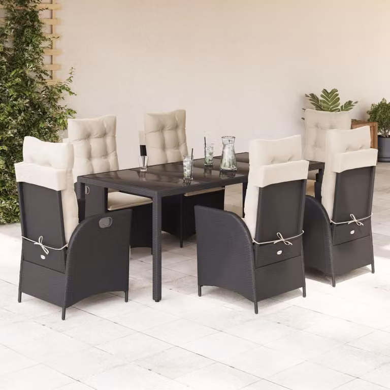 Set da Pranzo da Giardino vidaXL 7 pz in Polyrattan Nero con Piano in Vetro
