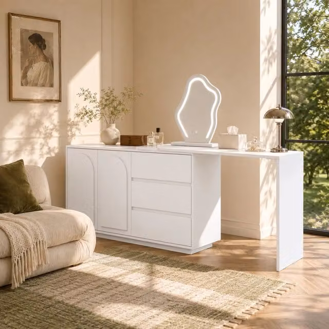 Toeletta 140x40x75 cm con piano estraibile e specchio LED in truciolare bianco
