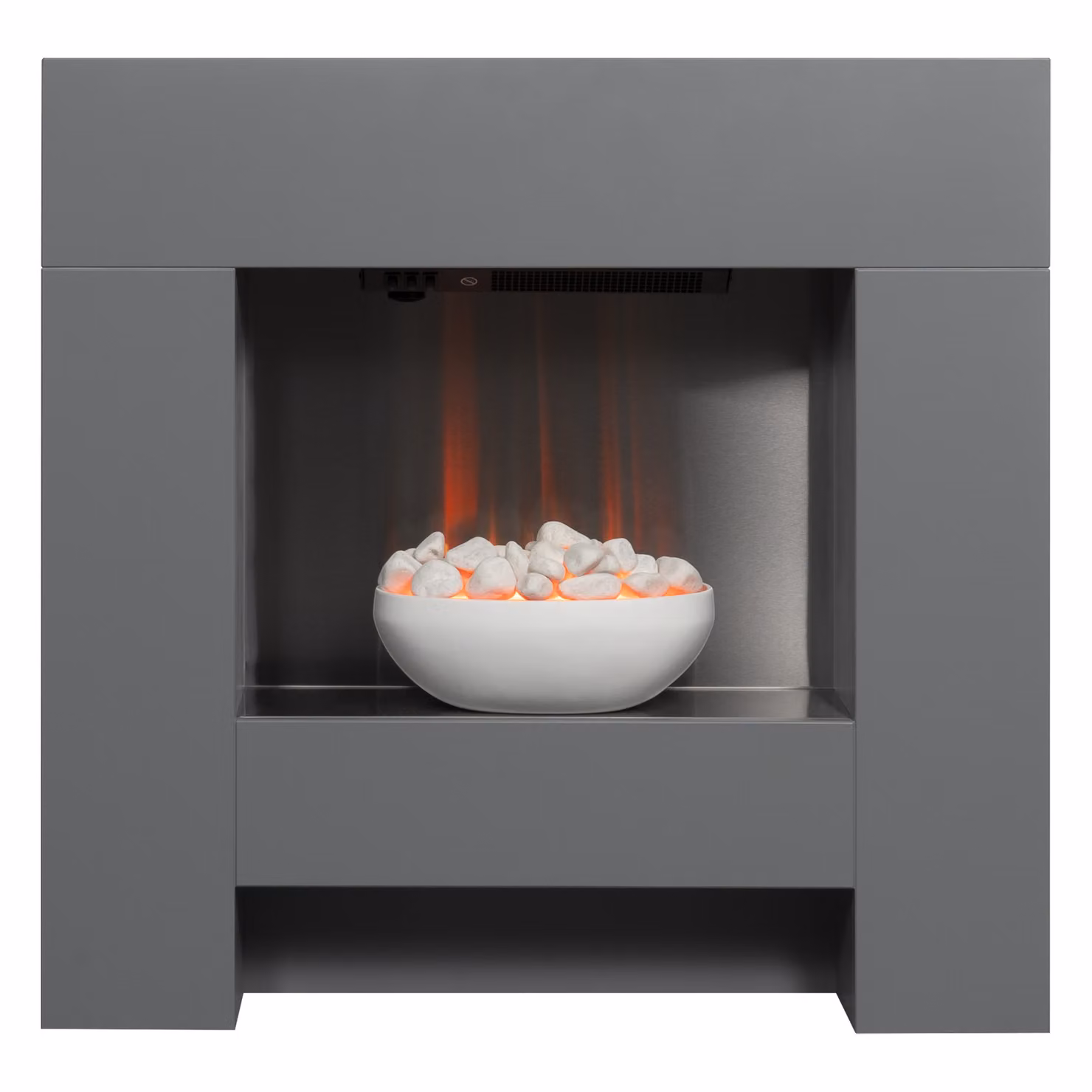 Adam Cubist camino elettrico da pavimento grigio con effetto fiamma LED, riscaldamento 1–2 kW, 87,5 × 90,5 × 18 cm