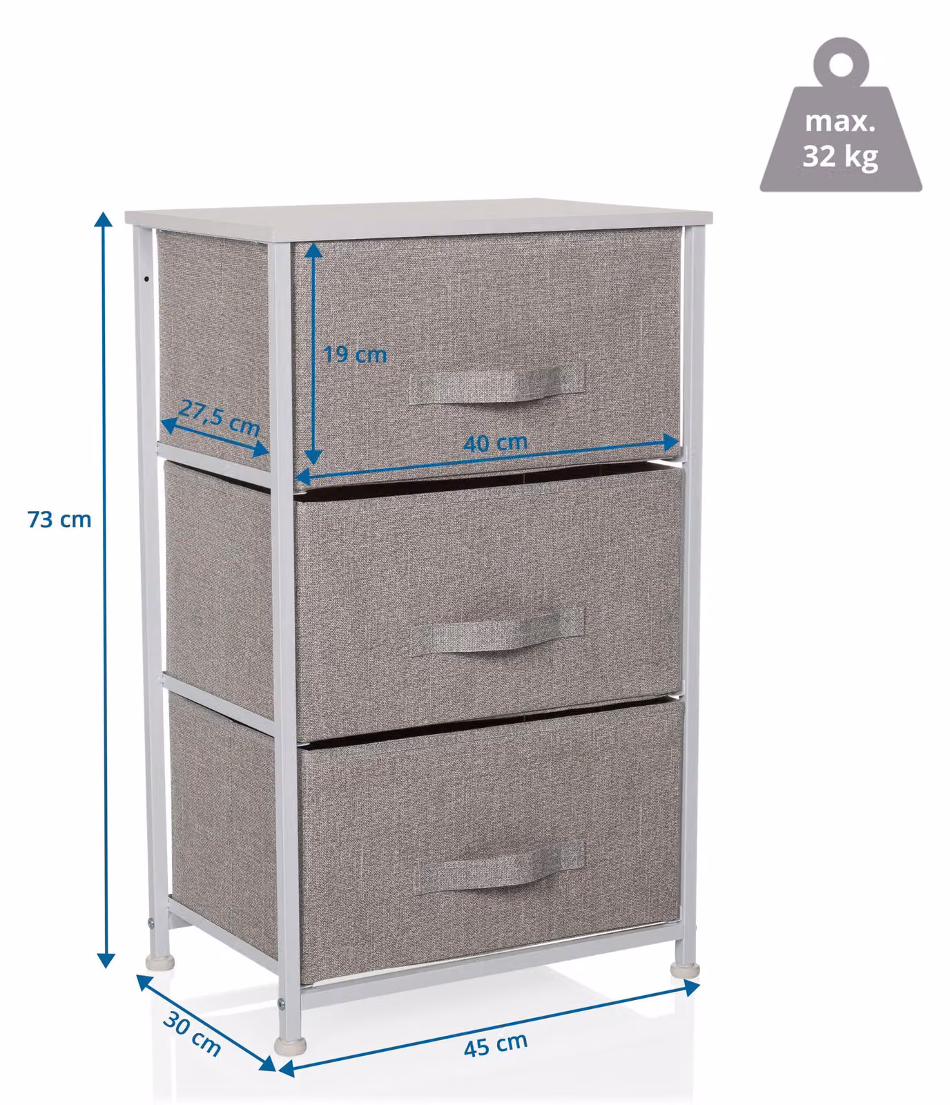 hjh LIVING Cassettiera a 3 cassetti FOLDRESS M Mobile credenza 73,0 x 45,0 x 30,0 cm