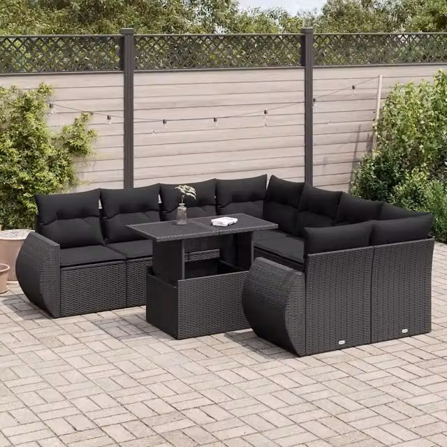 Set Divani da Giardino 9 pz con Cuscini Nero in Polyrattan 3326606