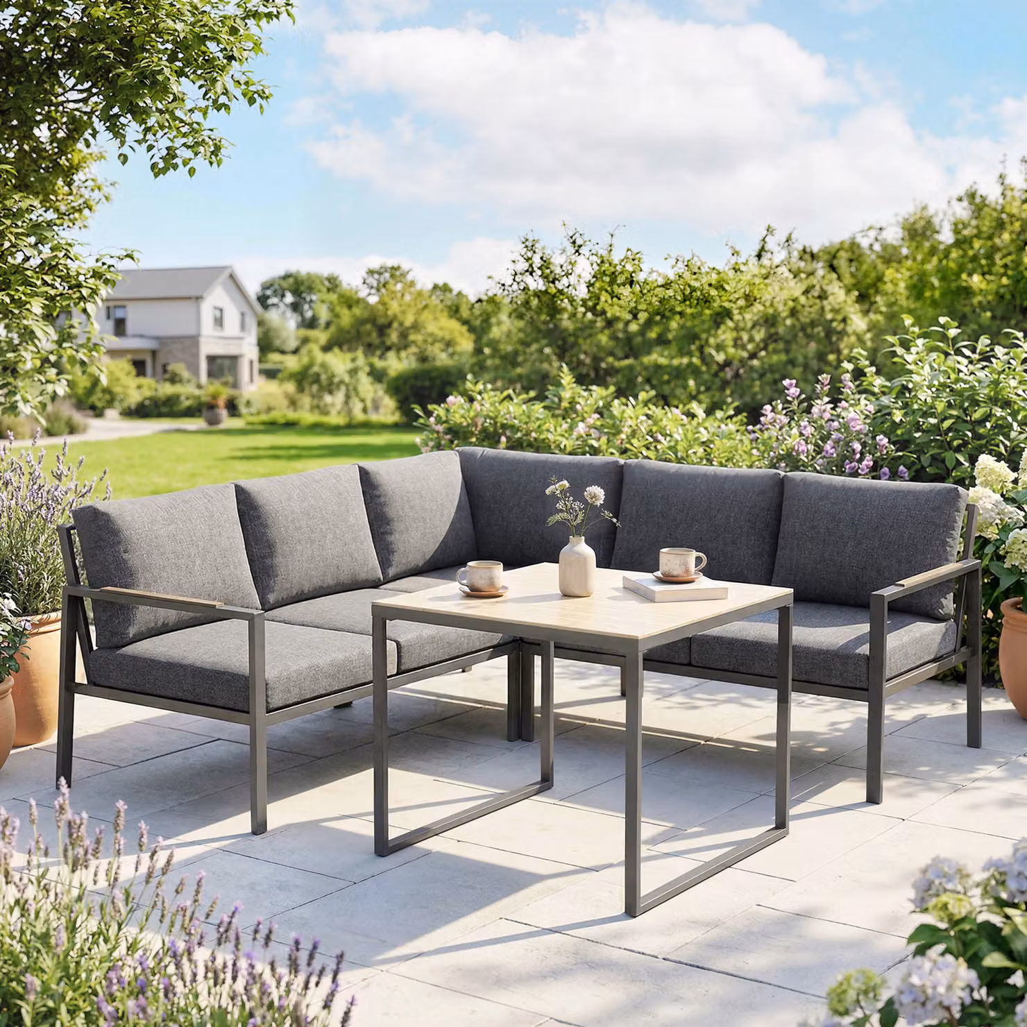 Set da giardino Outsunny composto da 3 pezzi per 5 persone con divani a L e tavolino, Grigio, L/P/H: 183 x 183 x 72 cm – 2