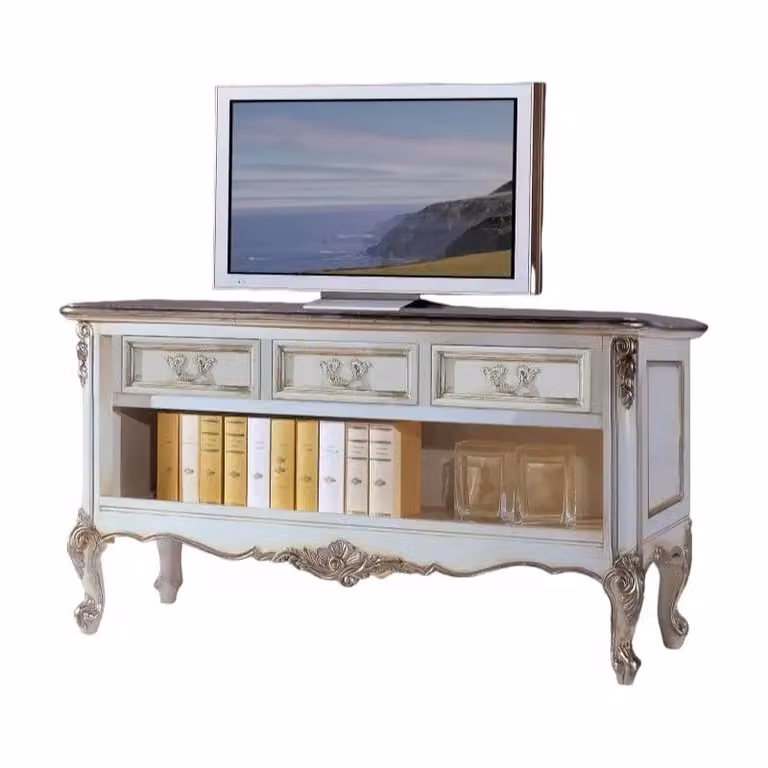 Porta TV classico in legno stile shabby chic bianco e argento con 3 cassetti Mobili 2G L: 164 cm, P: 51 cm, H: 56 cm