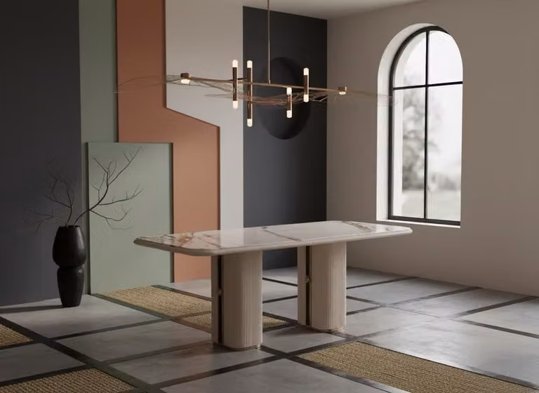 Tavolo da pranzo moderno legno beige, design con doppie gambe a colonna