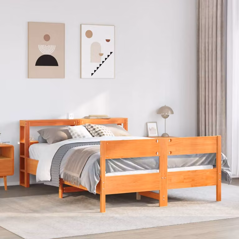 Letto senza materasso vidaXL in legno di pino massiccio marrone cera con ripiani laterali L 120 x P 200 cm