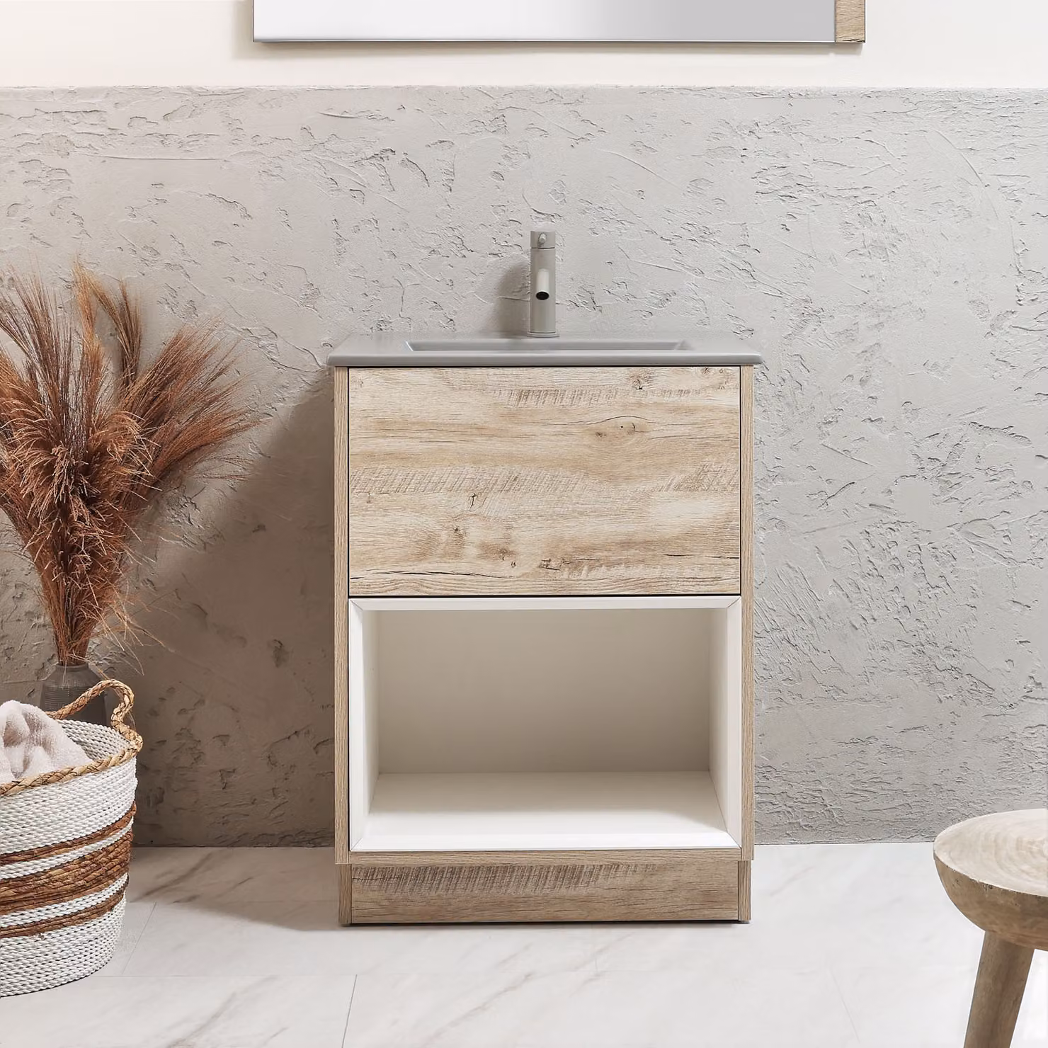 Mobile Bagno con Ripiano Aperto in Rovere Chiaro da 612mm con Lavabo Grigio (Pebble) e Luci LED - Hoxton