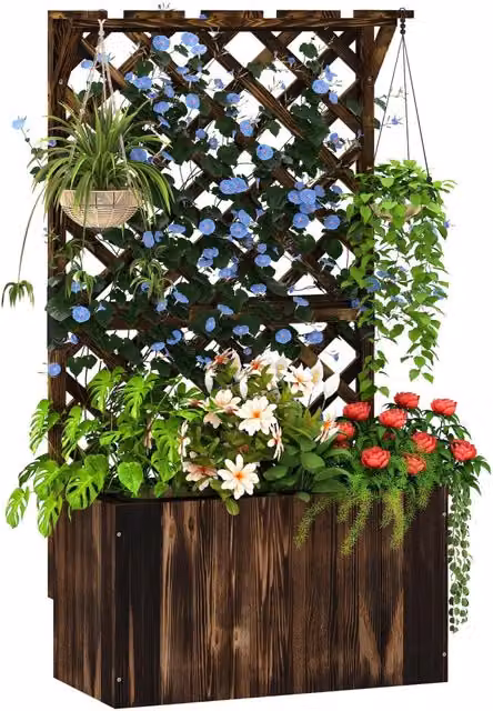 Fioriera rialzata con graticcio XYLO in legno carbonizzato marrone L: 64 cm, P: 33 cm, H: 122 cm