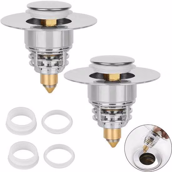 Set da 2 tappi a scomparsa in acciaio inossidabile per scarichi, universali per lavabi e vasche da bagno, da 32 a 40 mm, con griglia e guarnizione in silicone multistrato