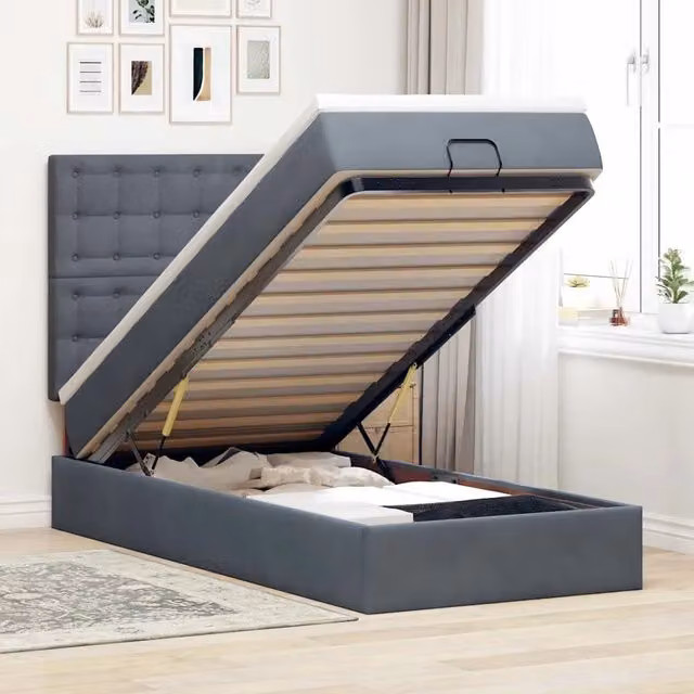 Letto con contenitore a sollevamento vidaXL in velluto grigio e bianco con illuminazione sottostante e porta USB L/P/H: 203 x 100 x 128 cm – 1