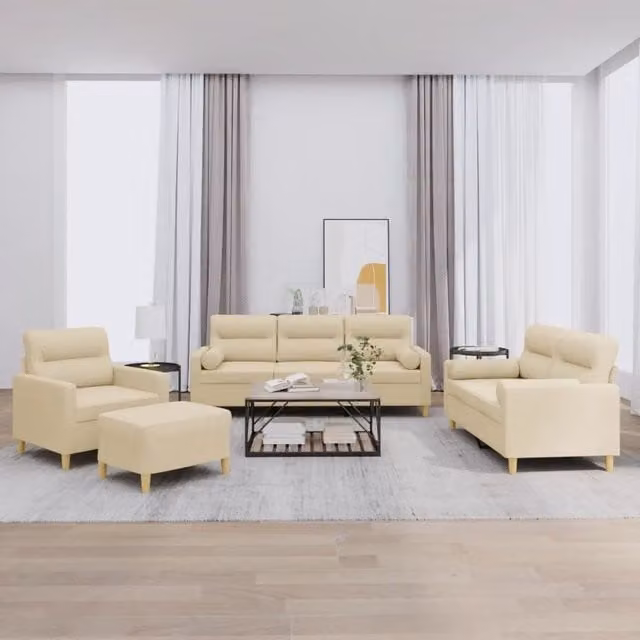 Set di Divani Moderno vidaXL in Tessuto Beige con Cuscini e Pouf per Soggiorno – 1