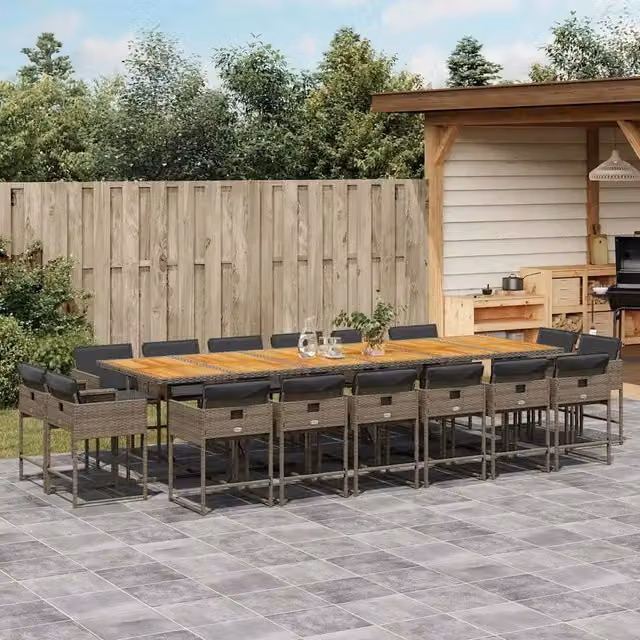 Set da pranzo da giardino vidaXL in polyrattan e legno di acacia con cuscini grigi, tavolo rettangolare estensibile e 17 pezzi – 1
