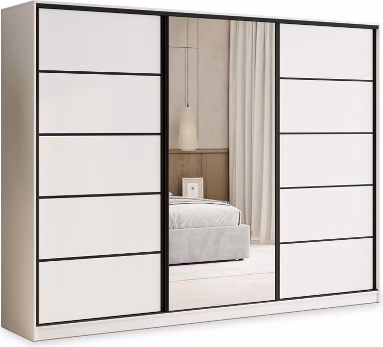 Armadio scorrevole Masseno PINA 270/205/58 cm Armadio con 4 cassetti Armadio per camera da letto a 3 ante con specchio Bianco