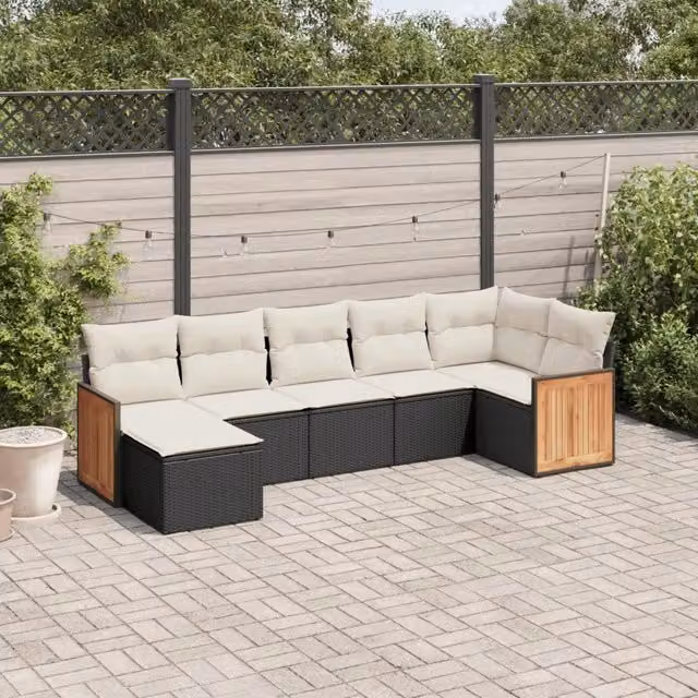 Set di divani da giardino a L VIDAXL in polyrattan nero con 7 cuscini – 1