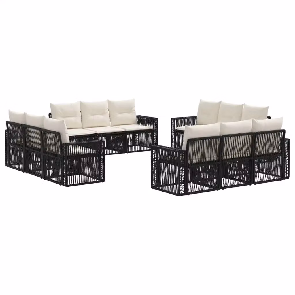 Set Divano da Giardino vidaXL a Forma a U in Polyrattan con Cuscini, Nero e Bianco Crema – 2