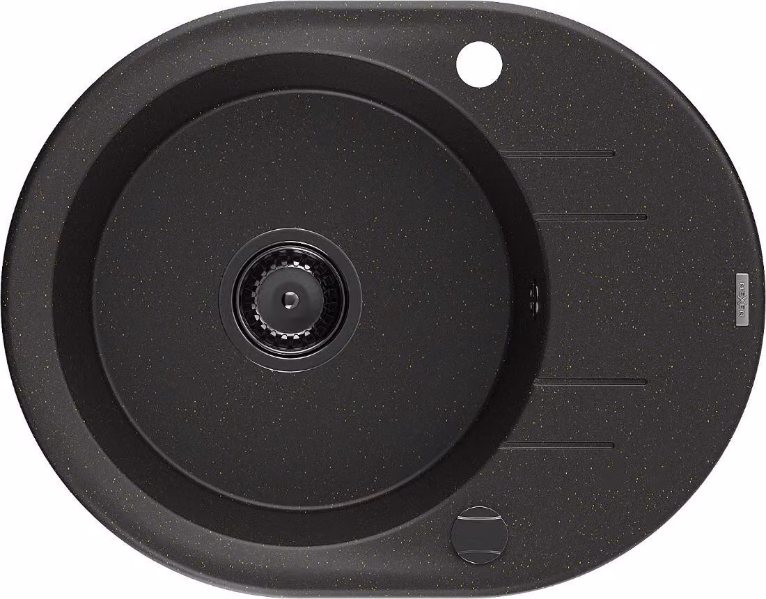 Mexen Kevin lavello in granito a 1 vasca con scolapiatti 586 x 458 mm, nero/oro metallizzato, sifone nero - 6517581005-75-B