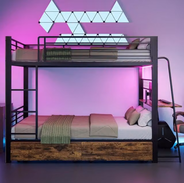 Letto a soppalco 90x200 cm con scrivania; illuminazione LED; MDF e metallo; nero