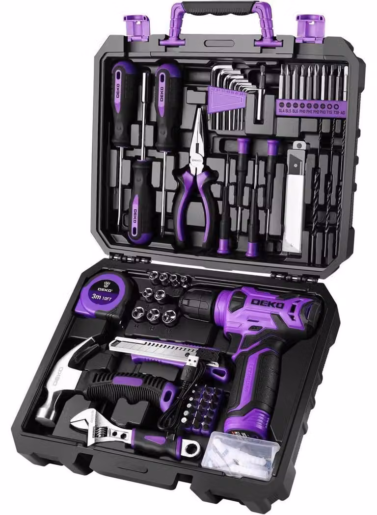 Valigetta utensili da 126 pezzi con avvitatore a batteria, colore viola