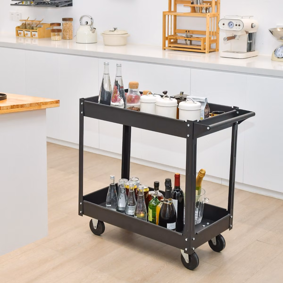 Carrello multiuso a 2 piani Costway con maniglia e telaio in metallo, Nero