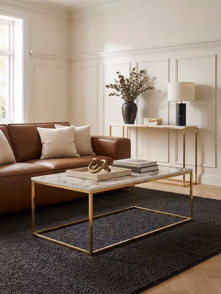 Tavolino da salotto 100x60x40 cm con effetto marmo bianco/oro, tavolino da salotto con struttura in metallo, tavolino da divano rettangolare, tavolino da salotto, tavolino ausiliario
