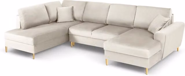 Divano panoramico convertibile Kyoto di Cosmopolitan Design con contenitore, modello a L con seduta sinistra, rivestimento in velluto beige e oro, 7 posti, L 313 cm x P 194 cm x H 88 cm