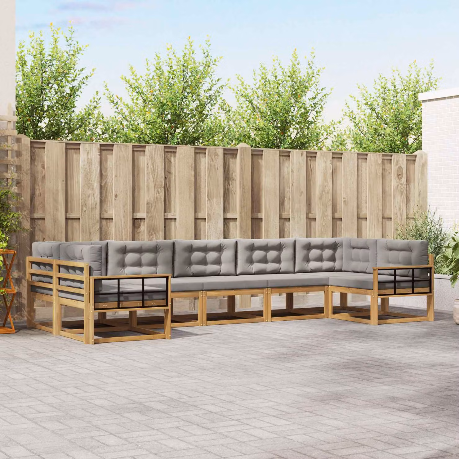 vidaXL Set di divani da esterno a L in legno di acacia, 7 pezzi, Bianco, Grigio e Marrone