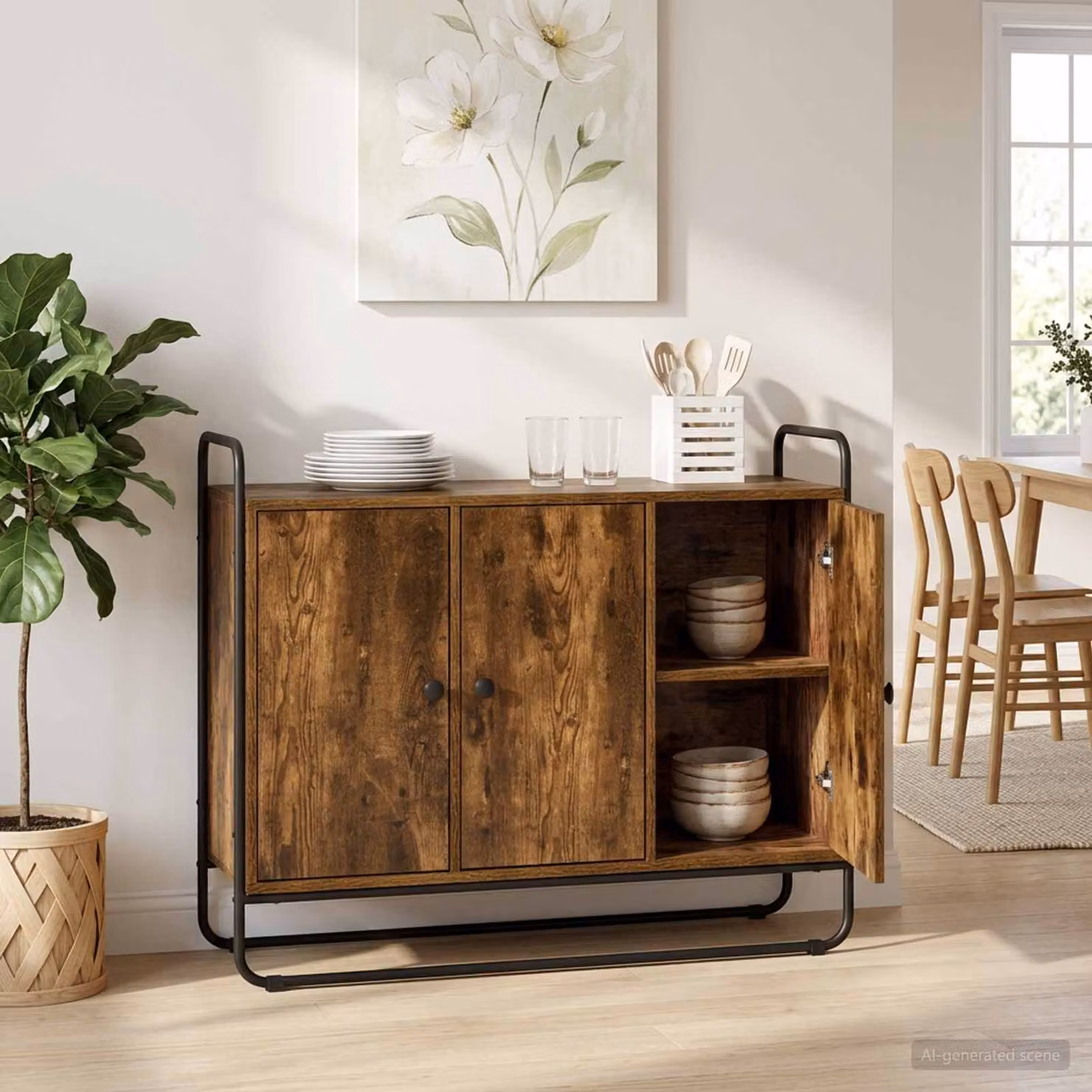 Credenza stile industrial vidaXL in legno ingegnerizzato e metallo, colore rovere fumo, L 102 x P 35 x H 75 cm