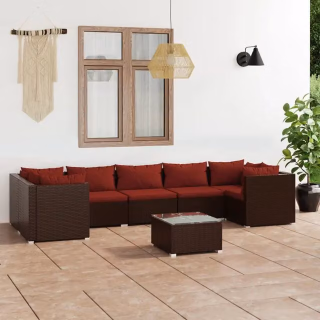 Set da giardino moderno vidaXL composto da 8 pezzi con divani a L, tavolino da caffè e cuscini colorato marrone e rosso con struttura in metallo e rattan – 1