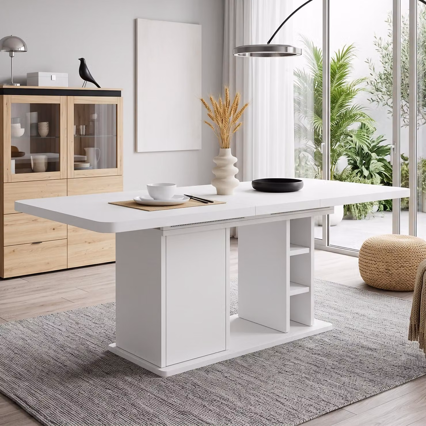 Tavolo da pranzo estendibile con spazio contenitore, piano spesso, adatto per 6-8 persone, tavolo da pranzo, tavolo da cucina, 140-180 cm, bianco