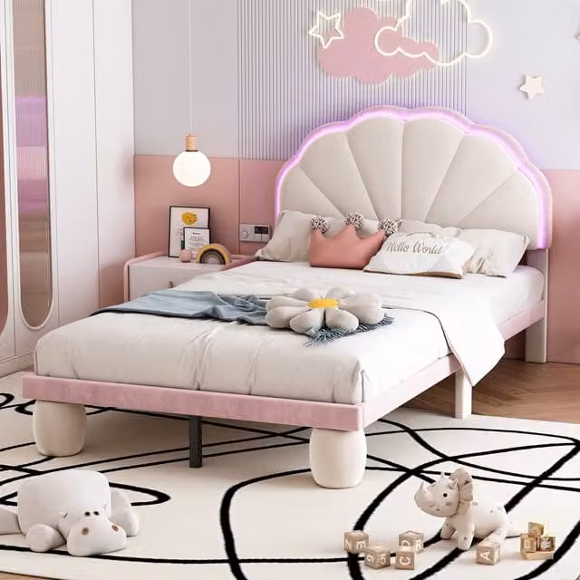Letto Imbottito per Cameretta Aosom Italy con LED, Testiera Ondulata e Rivestimento in Velluto, Bianco e Rosa, 90 x 200 cm