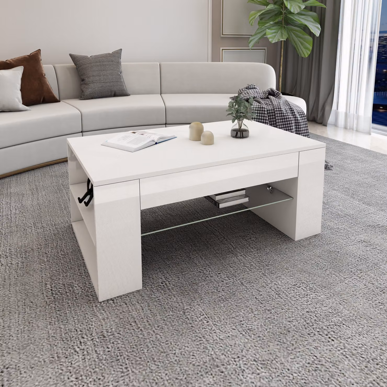 Tavolino ML-Design in bianco lucido, spazioso tavolo da soggiorno/lounge in truciolato con ripiano in vetro e 4 scomparti sui lati, 100x42x60 cm