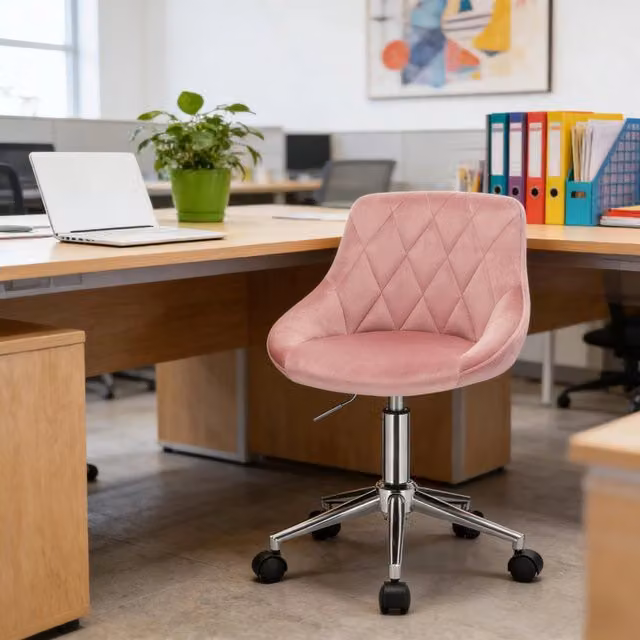 Sedia da ufficio girevole WISHDOR in velluto rosa con struttura in metallo e ruote – 1