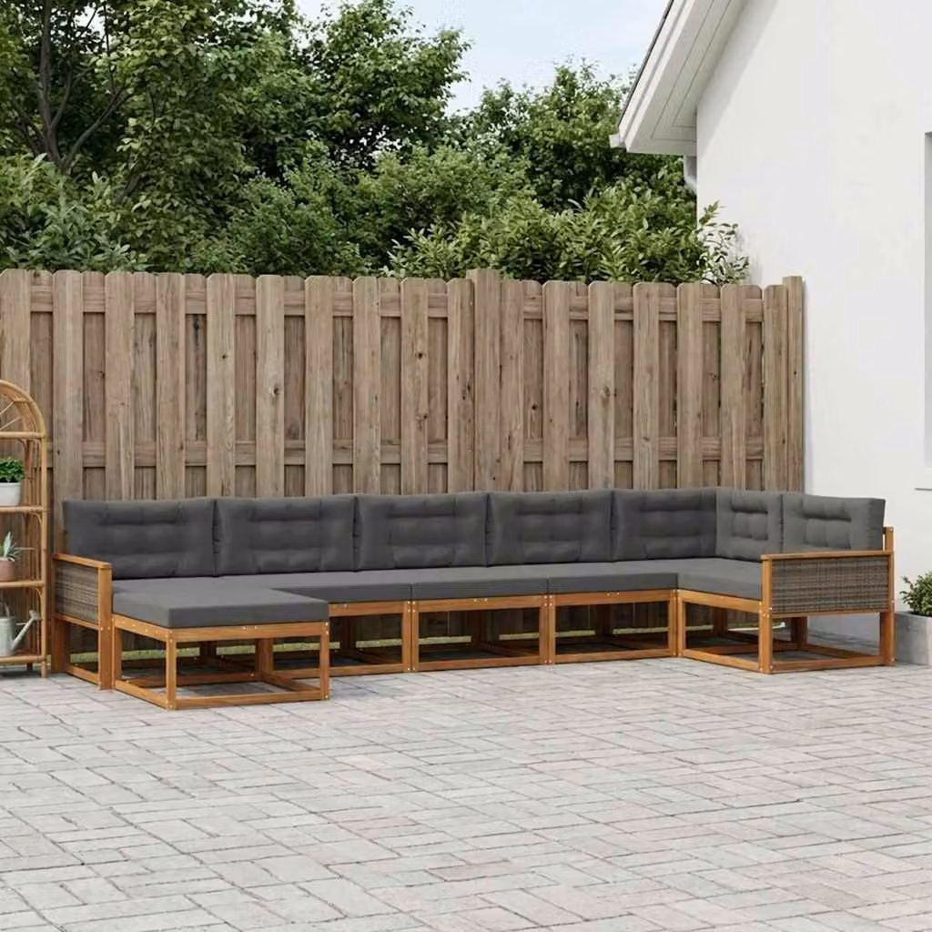 vidaXL Set di divani da esterno a L in legno di acacia con cuscini, 7 pezzi, Beige, Antracite e Marrone
