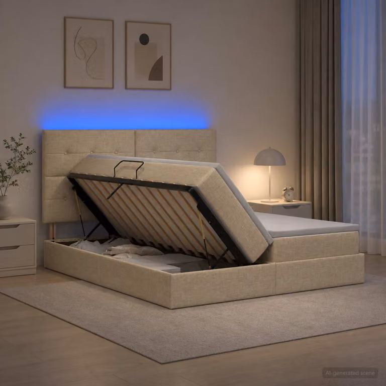 Letto con contenitore e materasso vidaXL con illuminazione LED, colore beige, L/P/H: 200 x 200 x 140 cm