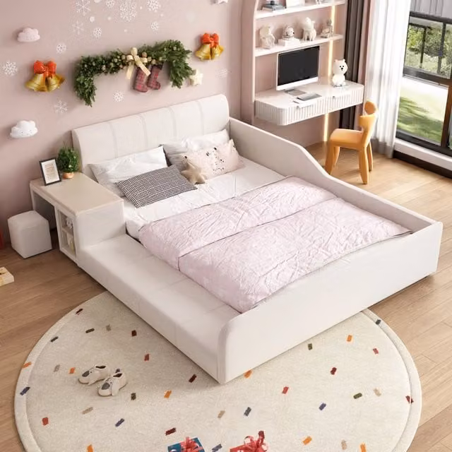 Letto per bambini 140 × 200 cm con scrivania, sgabello e ripiano, materasso non incluso, in velluto bianco