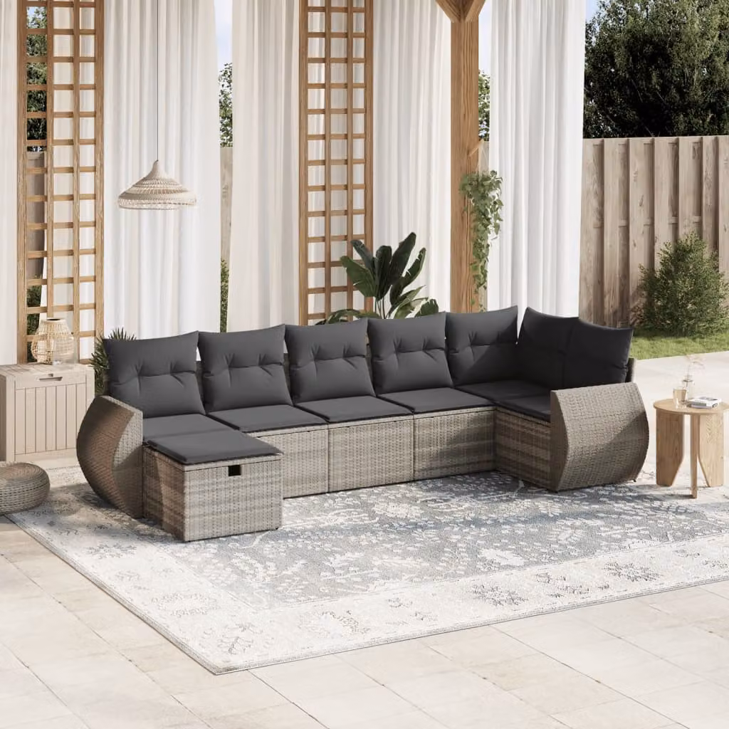 vidaXL Set Divani da Giardino a Forma di L 7 Pezzi con Cuscini Grigio Chiaro in Polyrattan e Acciaio – 1