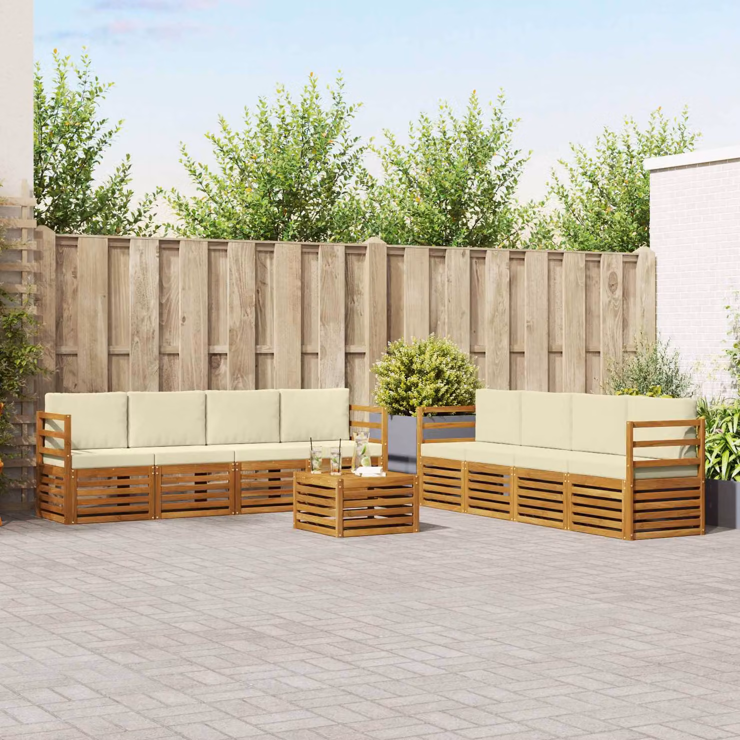 vidaXL Set di divani da esterno 9 pz in legno di acacia con tavolo da caffè e cuscini, Naturale e Crema