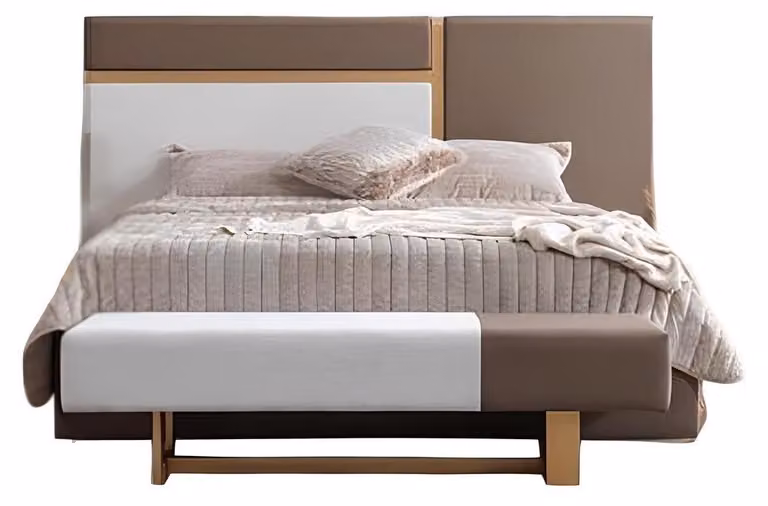 Letto in stile moderno, colore marrone, struttura in legno, letto imbottito, design elegante