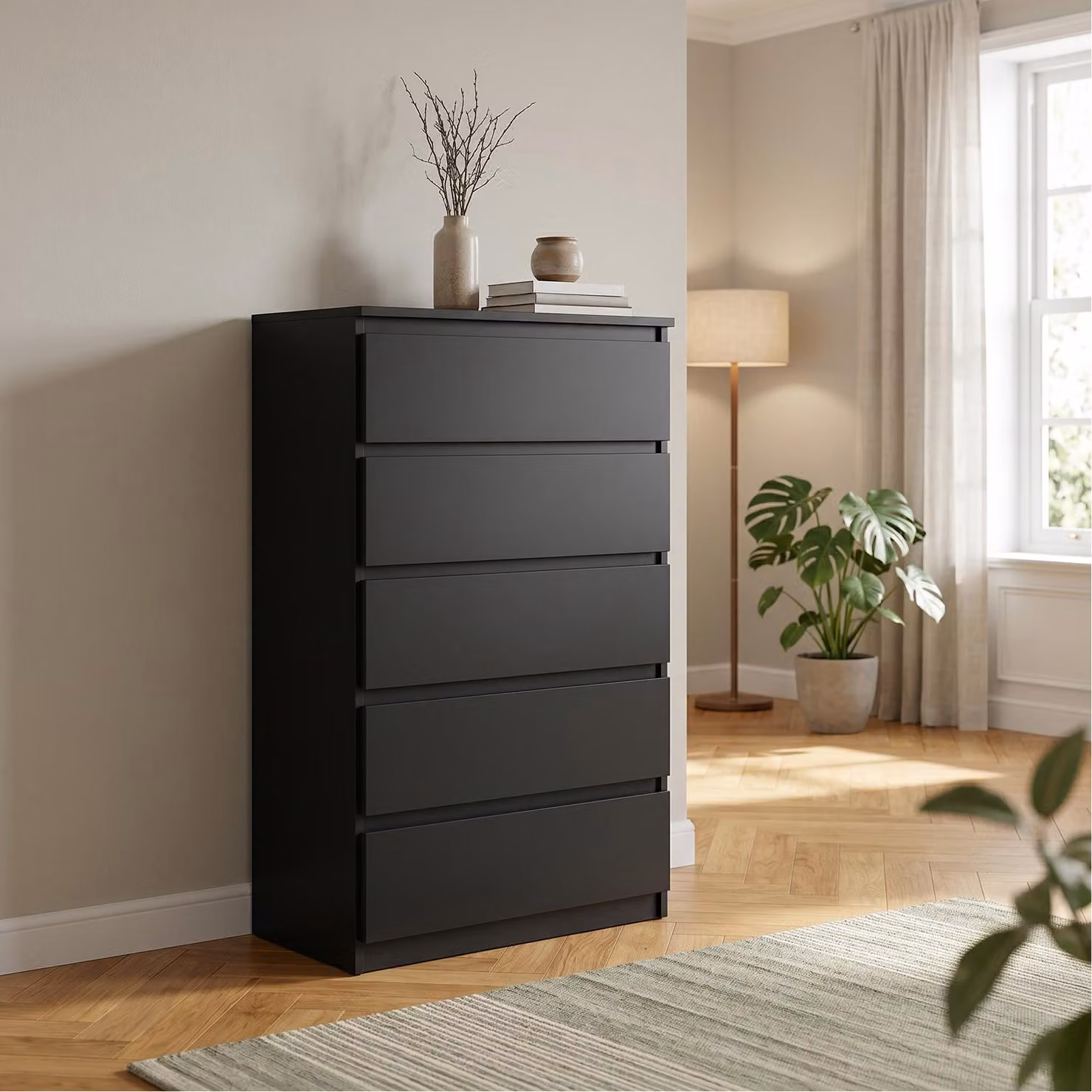 Comodà Masseno NUDO da 70 cm con 5 cassetti e ante, per soggiorno e camera da letto, stile moderno, 70x39x124,5 cm, nero / nero